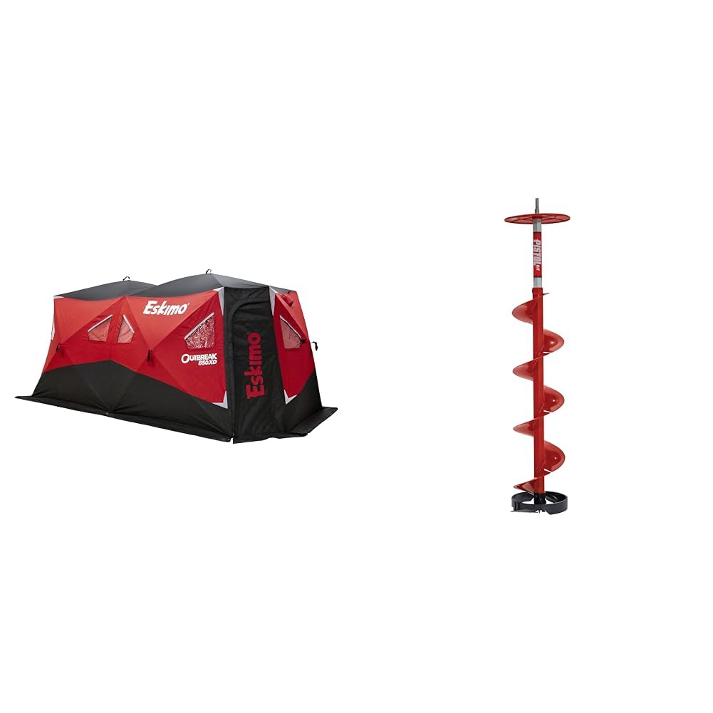 Eskimo Outbreak 850XD Pop-up Portable Insulated Ice Fishing Shelter, 114 sq ft. & 35600 Pistol Bit 8" Ice Auger Drill Adaptive Ice Auger Weighs only 3.9 Pounds, Centering Point