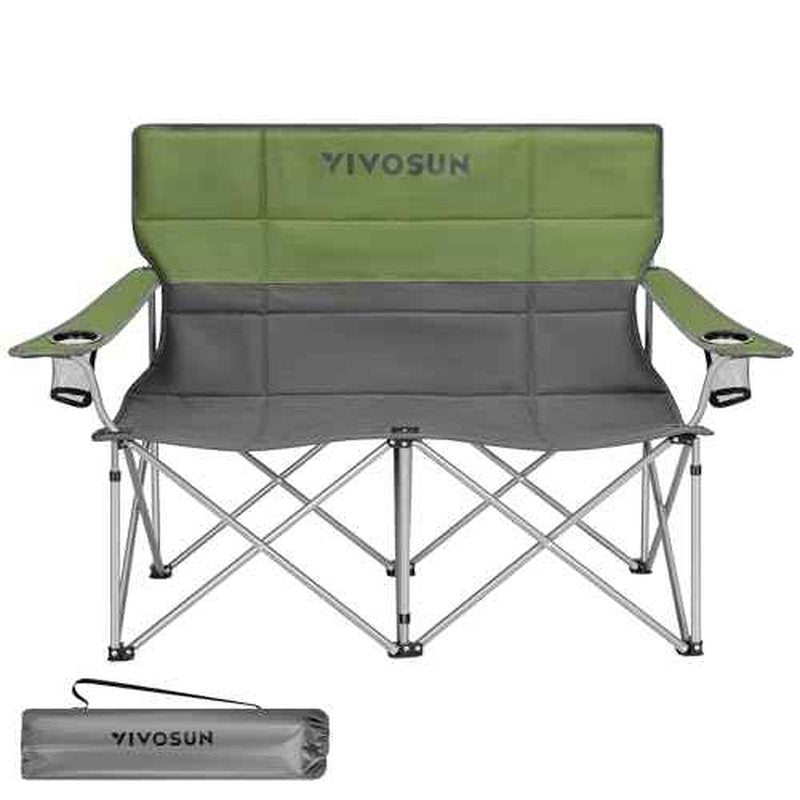 [outlets]VIVOSUN Double Camping Chair, Fully Padded Folding Loveseat, Portable Oversized Duo Chair with Storage Cup Holders, Height-adjustable Armrests & Carry Bag, Supports up to 500lbs, Green & Grey