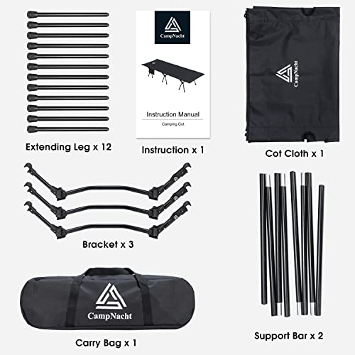 YOUGYM CAMPNACHT Ultralight Camping Cot with Leg Extenders, Aluminum Lightweight Folding Cot for Adults, Portable Backpacking Compact Tent Cot for Outdoor, Hiking, Black