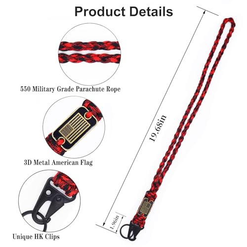 Tragdro 2 Pcs Heavy Duty Braided Paracord Lanyard Keychain with USA Flag, Parachute Rope Necklace Keychains, Braided Strong Lanyard for Outdoor Activities, Camera, Keys, Whistle, Traveling