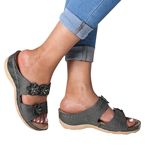 Shengsospp Womens Espadrilles Wedges Sandals Open Toe Slip On Strappy Flat Sandals with Elastic Ankle Strap Dressy Summer Walking Sandals 05_Grey, 5.5