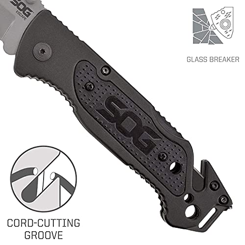 SOG Escape Tactical Folding Pocket Knife- 3.4 Inch Serrated Edge Blade Knife w/ Glass Breaker, Wire Stripper and Line Cutter Blades-Satin (FF25-CP),Black