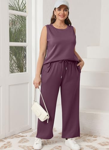 XIEERDUO Women's Travel Outfits Sleeveless Wide Leg Tracksuit Two Piece Summer Sets 2 Pc Lounge Set Trendy Loungewear Casual Jumpsuit Purple XL