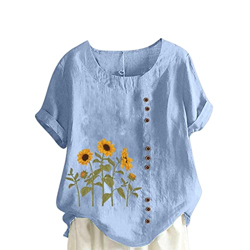 Linen Tops for Women Casual Oversized Summer Graphic Tees Short Sleeve Button Down Blouses Crew Neck Loose Fit Shirt