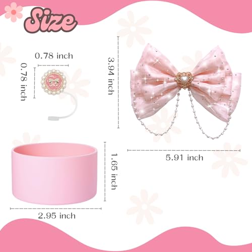 Bling Stanley Bow Straw Topper, Pearl Bow Lid Stanley Cup Accessories,Cute Straw Cover Cap, Silicone Boot Protector 3 PCS Sets for Tumbler Accessories