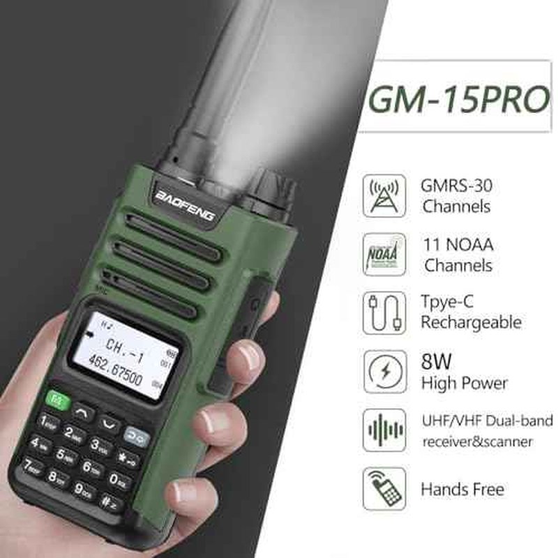BAOFENG GM-15 Pro GMRS Radio 8W NOAA Weather Receiver Radio,GMRS Repeater Capable,Rechargeable Long Range Two Way Radio with Extended Battery USB-C Charger,2Pack
