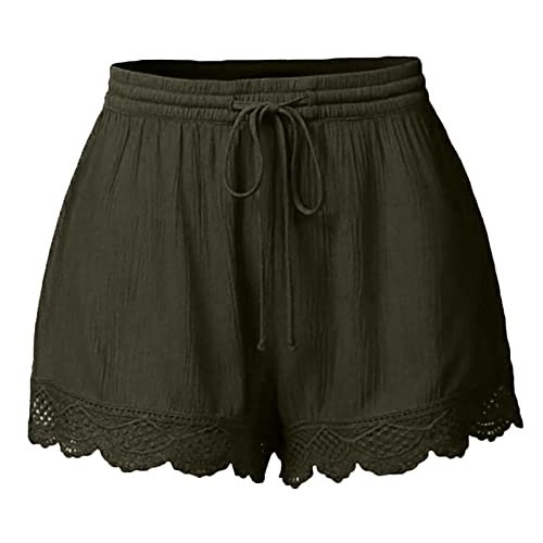 Generic Womens Casual Shorts Drawstring Elastic Waist Lace Trim Summer Beach Shorts Lightweight Loose Yoga Athletic Shorts, X-Large, Green（with Pockets）