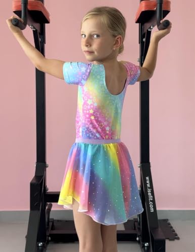 Zaclotre Girls Ballet Leotard with Skirt Toddler Dance Outfit Rainbow Star 6-7Y