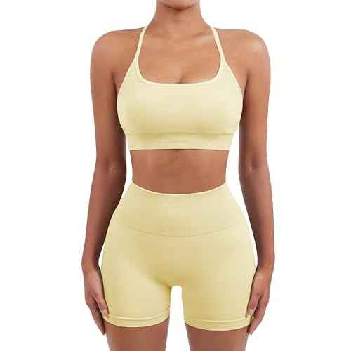SUUKSESS Women Seamless Workout Sets Strappy Sports Bra High Waist Booty Shorts Outfits