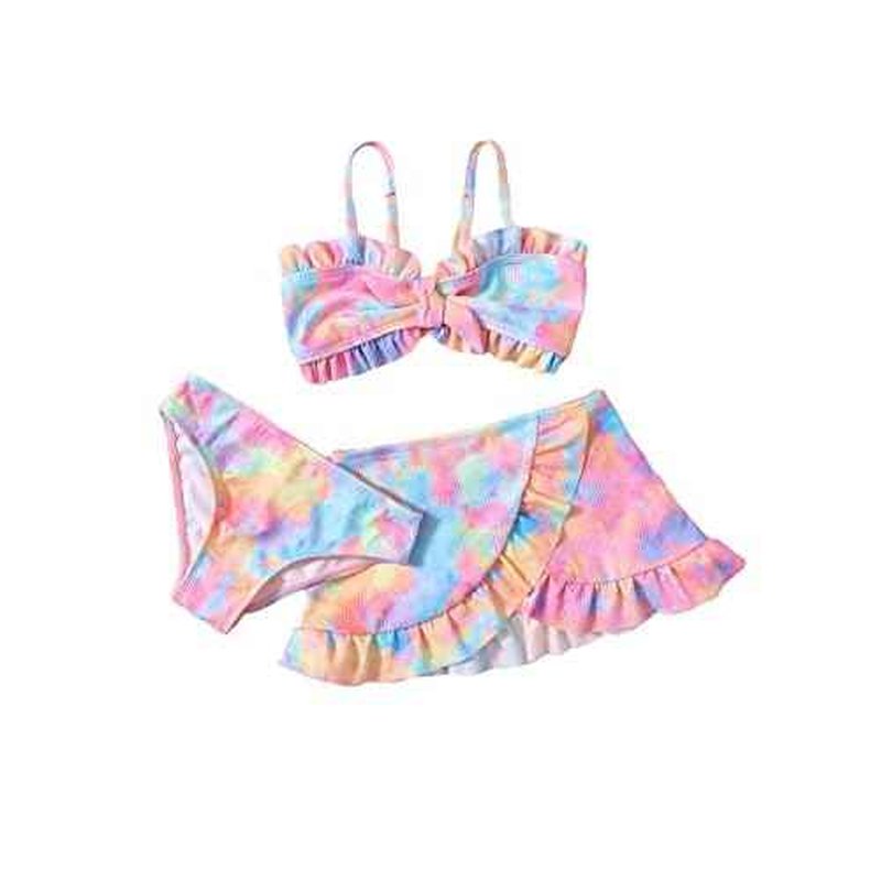 WDIRARA Toddler Girl's 3 Pieces Tie Dye Bikini Swimsuit with Ruffle Trim Beach Skirt