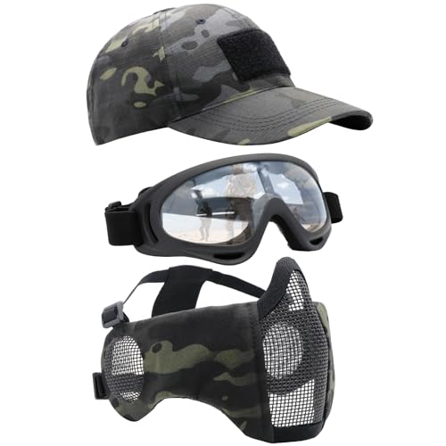 Yzpacc Airsoft Half Face Mask with Goggles Patch Hat Set Tactical Masks Full Face Ear Protective Baseball Cap for CS Halloween and Game