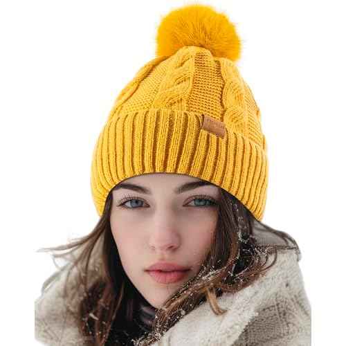 Women's Winter Beanie Warm Hat with Pom Pom,Thermal Fleece Lined Knit Cap, Thick Cable Slouchy Soft for Ski Cold Weather