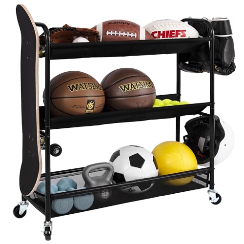 StorageWorks Sports Equipment Organizer with Hooks, Ball Rack Organizer with Wheels, 3-Shelf Ball Rack for Basketball, Football, Volleyball, Medium