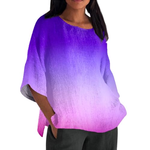 3/4 Sleeve T Shirts for Women Crew Neck Plus Size Linen Tops Split Hem Loose Fit Dressy Blouses 3/4 Length Sleeve Womens Tops Summer Tops for Women 2024 Trendy, Purple, X-Large