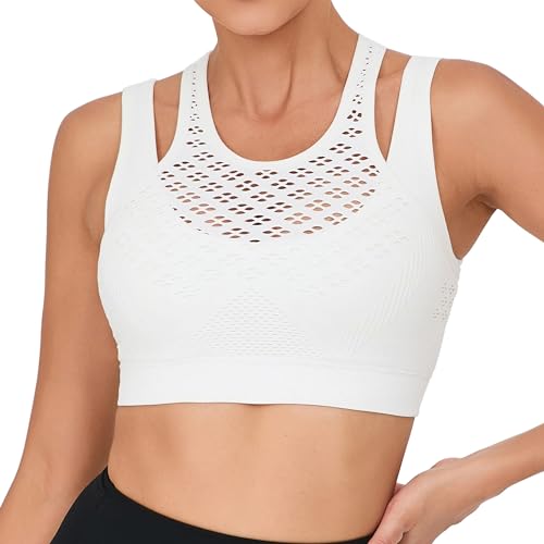 RUNNING GIRL Sports Bras for Women High Support,Seamless Ribbed Longline High Neck Sports Bra Racerback Padded Crop Top Yoga(WX2992White,XL)