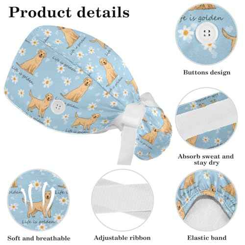 Scrub Caps Women, Surgical Caps with Buttons, Ponytail Nurse Hat, Bouffant Scrub Hats with Hair Scrunchy Adjustable, Dogs Golden Retriever Cartoon Animal Cute Summer Daisy Flower Blue