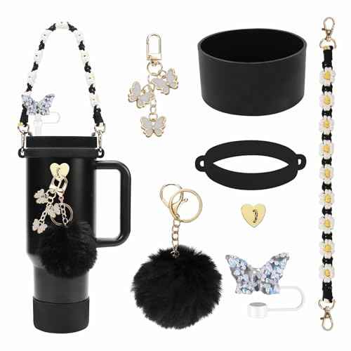 7PCS Cup Accessories Set Including 1 Pcs Water Bottle Handle Strap, 1 Pcs Siliocne Cup Boot, 1 Pcs Resin Butterfly Straw Cover, 2 Pcs Butterfly & Hairball Charms for Stanley Cup Tumbler