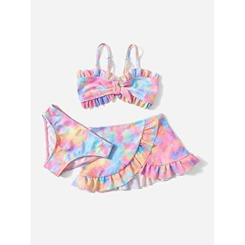 WDIRARA Toddler Girl's 3 Pieces Tie Dye Bikini Swimsuit with Ruffle Trim Beach Skirt