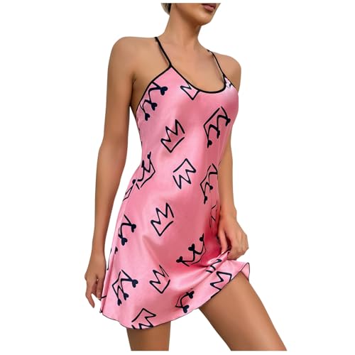 Womens Nightdress Fashion Print Sexy Backless Ice Silk Sling Pajamas Dresses Nightgowns Chemise Sleepwear Lingerie Style001 Pink Small