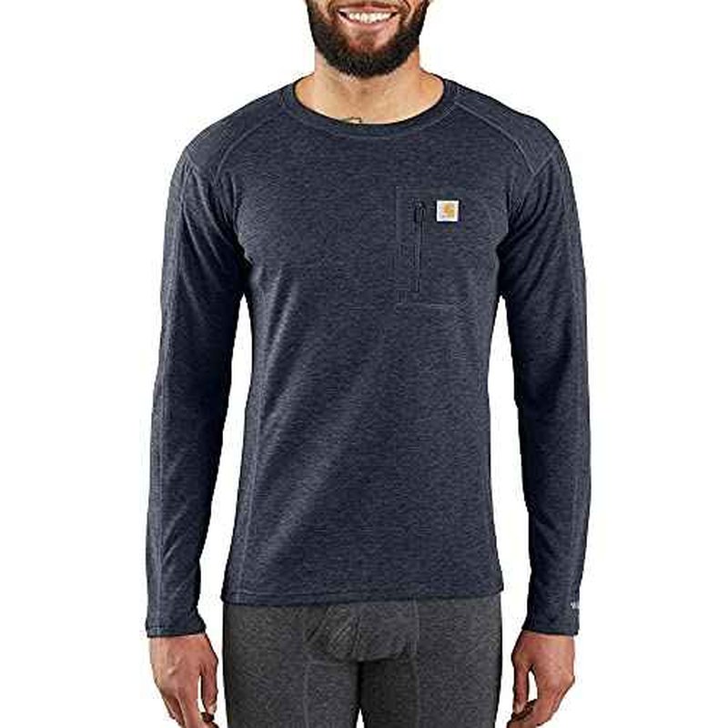 Carhartt Men's Force Midweight Synthetic-Merino Wool Blend Base Layer Crewneck Pocket Top, Navy Heather, Large US
