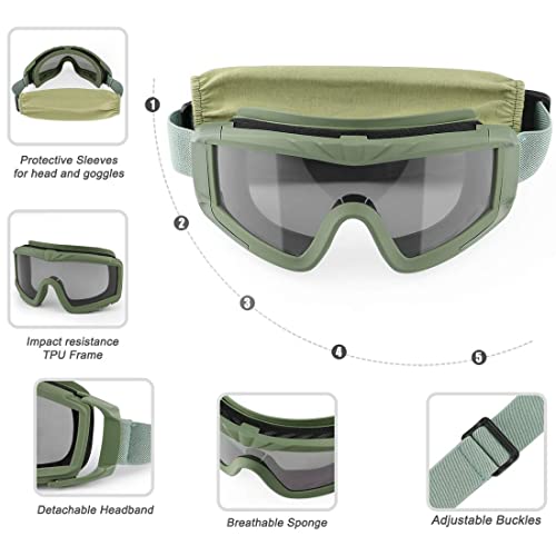 xaegistac Airsoft Goggles, Tactical Safety Goggles Anti Fog Military Eyewear with 3 Interchangable Lens for Paintball Riding Shooting Hunting Cycling (ArmyGreen)