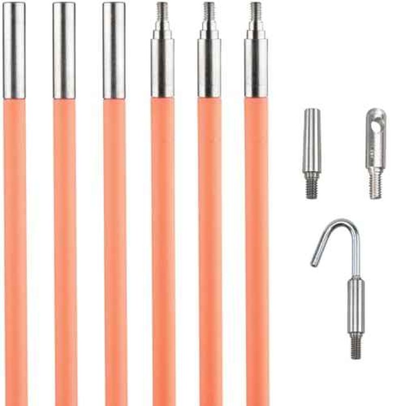 Klein Tools 50303 30-Foot Lo-Flex Glow Fish Rod Set, (6) 5-Foot Fiberglass Rods, Adapter, Bullet Nose, Splinter Guard Coating