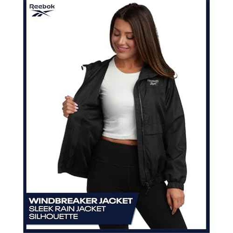 Reebok Womens Windbreaker Jacket - Lightweight Water and Wind Resistant Outdoor Hooded Rain Coat for Running (Sizes: S-XL)
