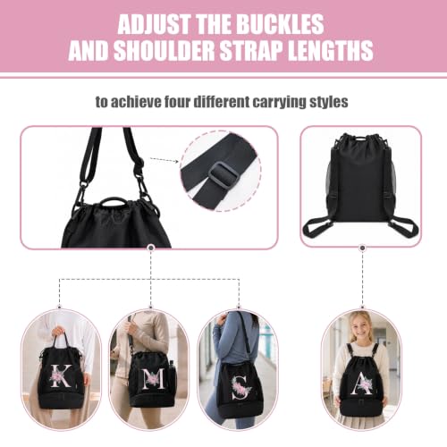 Vavabox Initial Drawstring Backpack with Shoe Compartment for Girls (S) - Black