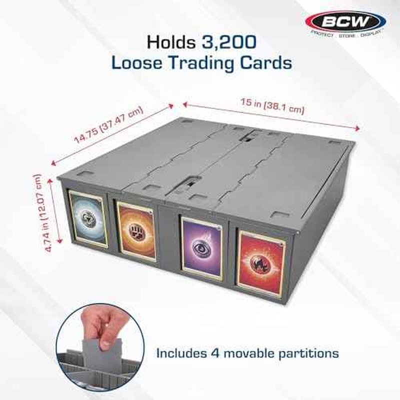 BCW Collectible Card Bin (2-Pack, Gray) | Holds 3200 Cards Each | Includes 4 Dividers | Storage for Pok?mon, MTG & Sports Cards