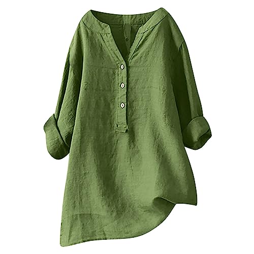 Generic Lightning Deals of Today Prime Knit Tops for Women Linen 3/4 Sleeve Womens Button Down Shirts Dressy Casual Blouse Womens v Neck Long Sleeve t Shirts Womens Summer Fashion Green-4 S