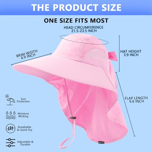 SENWAI Womens Sun Hat Outdoor UV Protection Wide Brim Fishing Hat with Ponytail Hole Neck Flap for Beach Hiking Camping, Pink