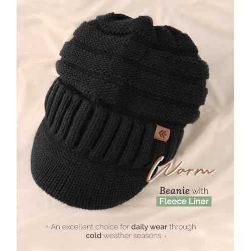 Women Men Winter Beanie Hat with Visor, Warm Fleece Lined Beanie Cap, Thick Knit Cap Slouchy Hat with Brim