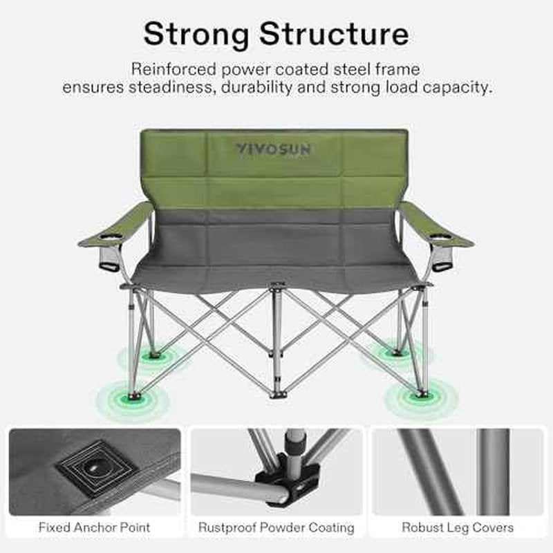 [outlets]VIVOSUN Double Camping Chair, Fully Padded Folding Loveseat, Portable Oversized Duo Chair with Storage Cup Holders, Height-adjustable Armrests & Carry Bag, Supports up to 500lbs, Green & Grey