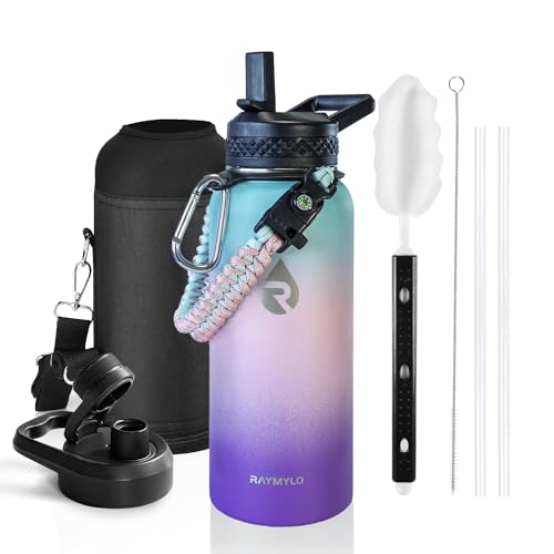 RAYMYLO Insulated Water Bottle 64 oz, Triple Wall Vacuum Stainless Steel (Cold for 48 Hrs), Leak Proof & Non-BPA, Half Gallon Water Flask Jug with Paracord Handle & Straw Spout Lids, White/Black