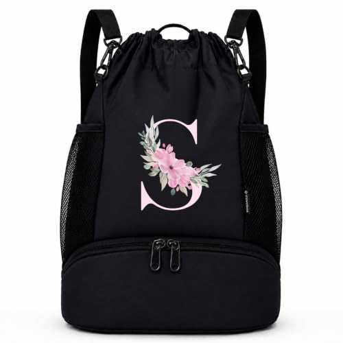 Vavabox Initial Drawstring Backpack with Shoe Compartment for Girls (S) - Black