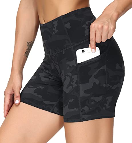 THE GYM PEOPLE High Waist Yoga Shorts for Women Tummy Control Fitness Athletic Workout Running Shorts with Deep Pockets (Large, Black Camo)