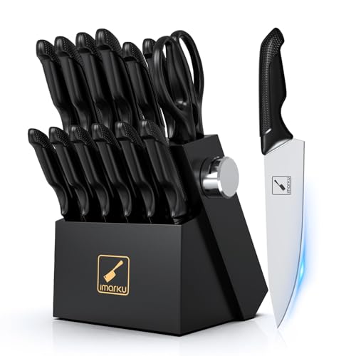 imarku Knife Set with Block, Sharp Knife Set with Built-in Sharpener, Stainless Steel Kitchen Knife Set with Non-Slip Ergonomic Handle, Dishwasher Safe, 14 PCS Professional Knife Set for Gift, Black