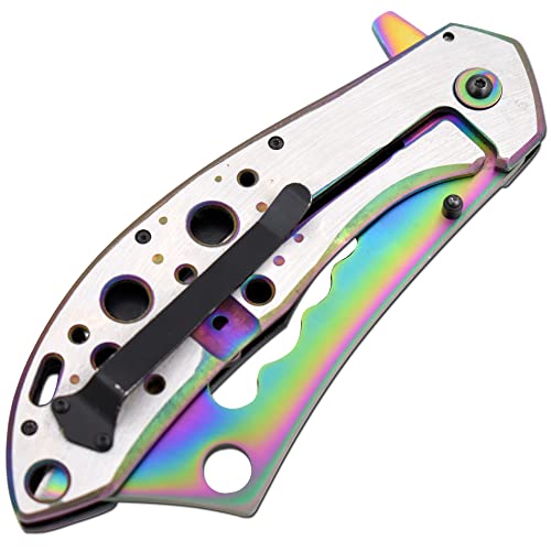 Snake Eye Tactical 12" Jumbo Huge Heavy Duty Ultra Smooth One Hand Opening Folding Pocket Knife Limited Edition Collectors Knife - Ideal for Recreational Work Hiking Camping (Rainbow)