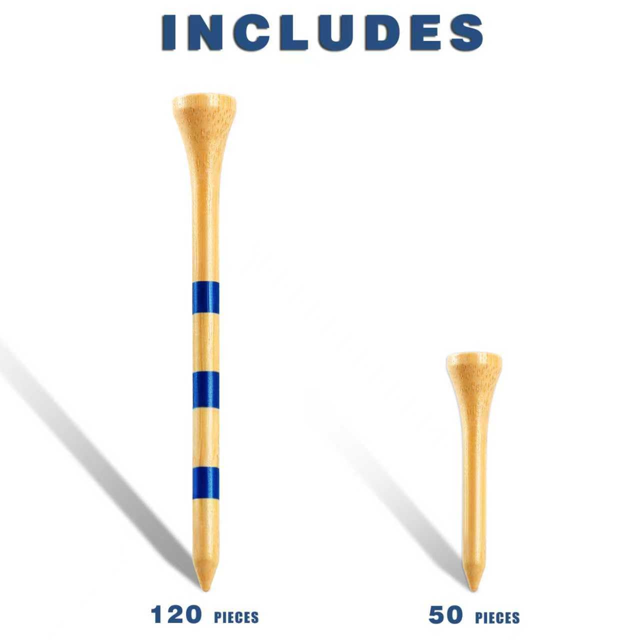 CHAMPKEY Premium Bamboo Golf Tees 170 Pack - 120 Pcs Long Tees with 50 Pcs Short Tees Assorted Pack - Friendly Biodegradable Material Golf Tee（2-3/4"）