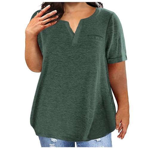 Attine Prime Deals Plus Size V Neck T Shirts for Women Solid Color Eyelet Casual Blouse Summer Short Sleeve Tops Loose Fit Henley Tshirts Prime Deals Today