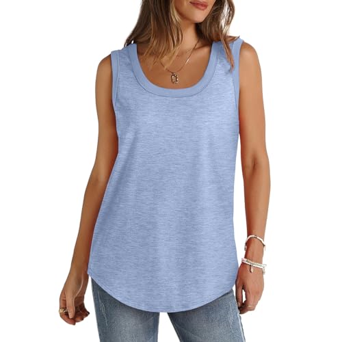 LIKEOULI sales today clearance women prime deals Tank Tops for Women 2024 Summer Casual Loose Sleeveless Tops Ribbed Trim Scoop Neck Curved Hem Womens Tank Topsprime of day