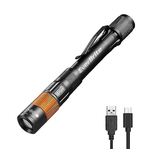 EverBrite Rechargeable Pen Light, 300 Lumens EDC Flashlight, Zoomable LED Pocket Flashlight with Clip, Memory Function and USB C Cable Included, for Camping, Emergency, Black