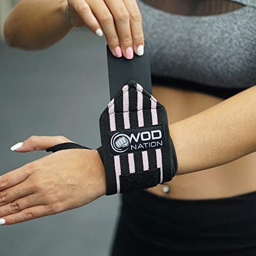 WOD Nation Wrist Wraps for Weightlifting, 12” Professional Gym Wrist Straps w/Thumb Loop for Men & Women, Wrist Support Wraps for Strength Training, Powerlifting & Bodybuilding (Black/Pink)