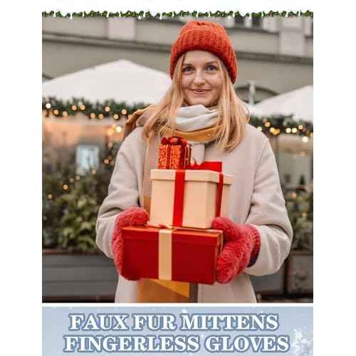 SATINIOR Faux Fur Mittens Fingerless Gloves Convertible Gloves Fluffy Winter Warm Soft Half Finger Fuzzy Mittens for Women