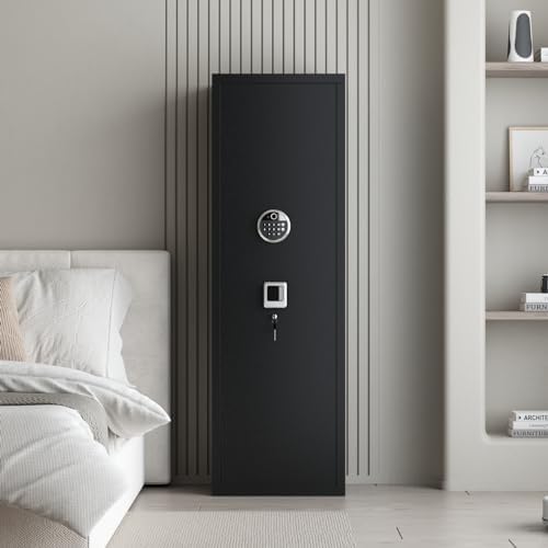 10-12 Gun Safe for Home | Fast Biometric Fingerprint Long Gun Storage - 57" High, Adjustable Shelves, Heavy Duty Black Cabinet