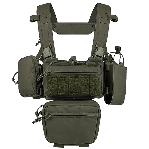 YAKEDA Tactical Chest Mini Rig Vest with Magazine Pouch Adjustable Detachable Laser-cutting Molle Modular Chest Vest (Army Green)