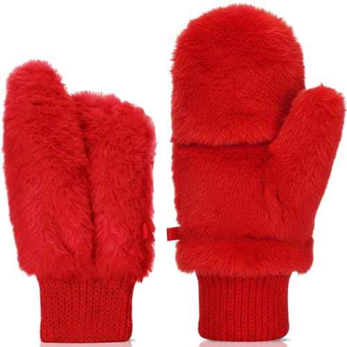 SATINIOR Faux Fur Mittens Fingerless Gloves Convertible Gloves Fluffy Winter Warm Soft Half Finger Fuzzy Mittens for Women