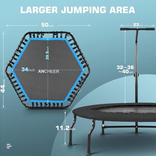 ANCHEER 40" Foldable Mini Trampoline Max Load 450lbs, Fitness Trampoline with Bungees, Adjustable Foam Handle, Indoor Exercise Trampoline for Adults Inoor/Garden Workout (Black 50'')