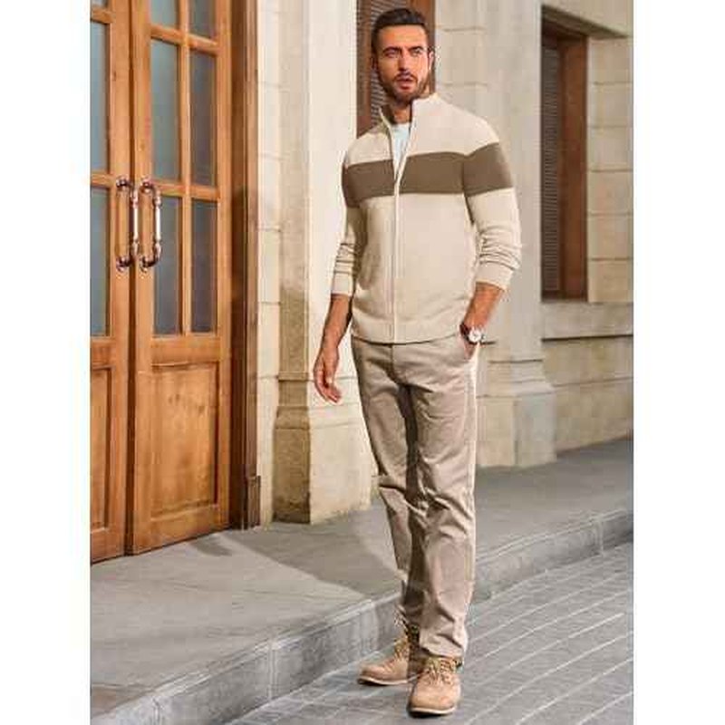 Runcati Mens Full Zip Cardigan Sweater Casual Knit Stand Collar Cardigan Slim Fit Color Block Fall Winter Sweaters