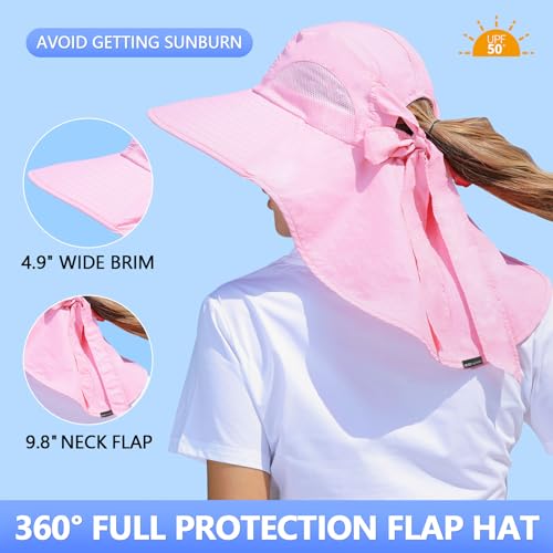 SENWAI Womens Sun Hat Outdoor UV Protection Wide Brim Fishing Hat with Ponytail Hole Neck Flap for Beach Hiking Camping, Pink